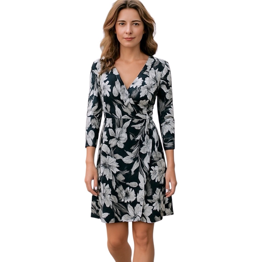 SOFT SURROUNDINGS LONG SLEEVE FLORAL BLUE WHITE FAUX WRAP STRETCH DRESS PM